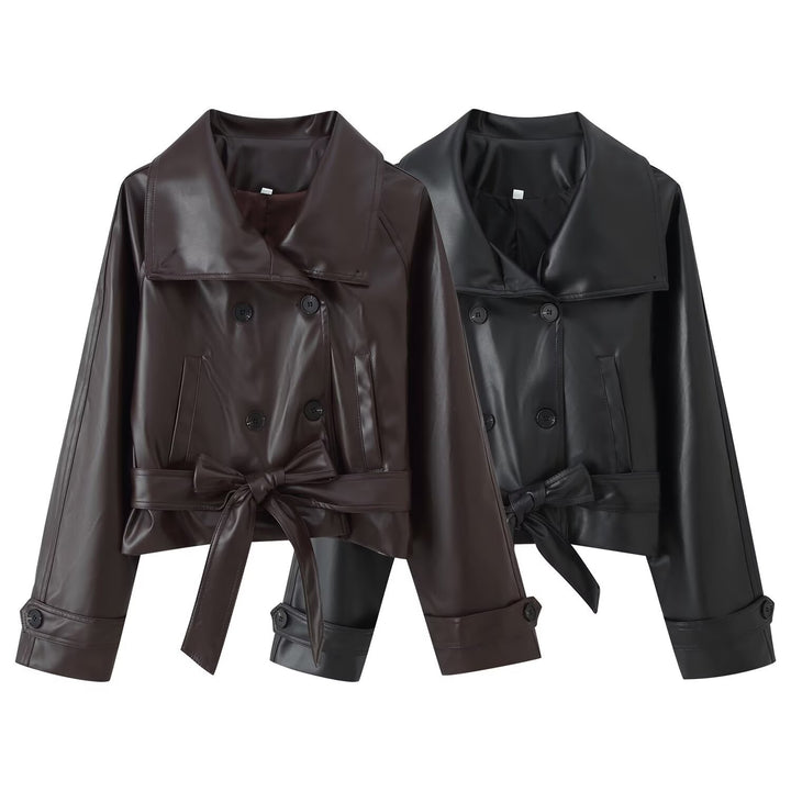 Damen 100+ Cropped Kunstleder-Trenchblouson mit doppelreihiger Knopfleiste und Taillengürtel Drune
