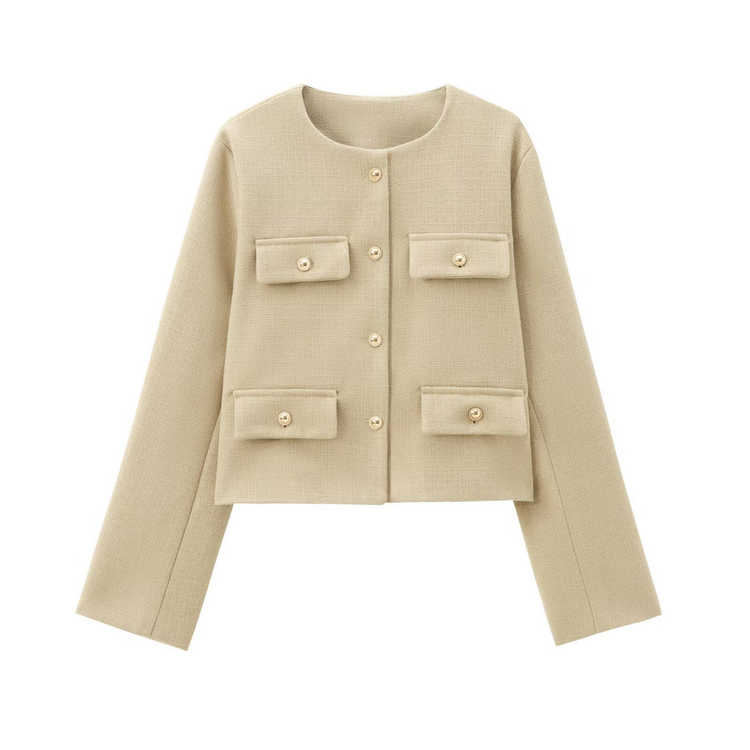 Damen nan kurz geschnittene Bouclé-Tweedjacke mit Rundhalsausschnitt Zierknopfdetails und aufgesetzten Pattentaschen Drune