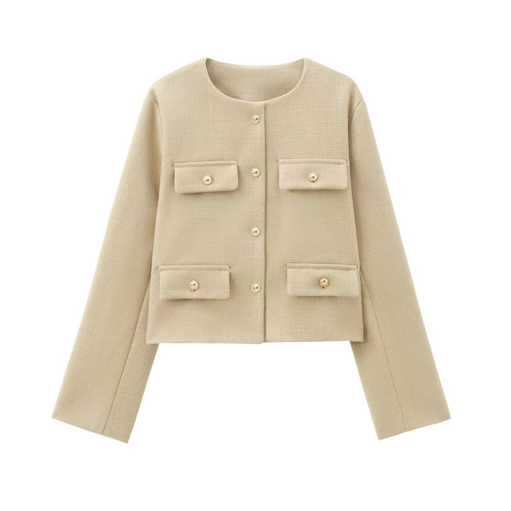 Damen nan kurz geschnittene Bouclé-Tweedjacke mit Rundhalsausschnitt Zierknopfdetails und aufgesetzten Pattentaschen Drune