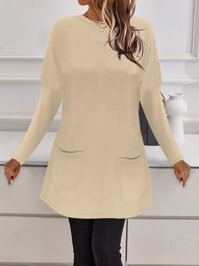 Damen Longline Feinstrick-Tunika mit Rundhalsausschnitt und aufgesetzten Taschen Drune