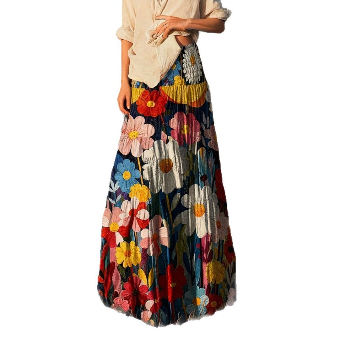 Damen Maxirock mit großfloraler Stickerei, plissiertem Volant und weitem A‑Linien‑Schnitt Drune