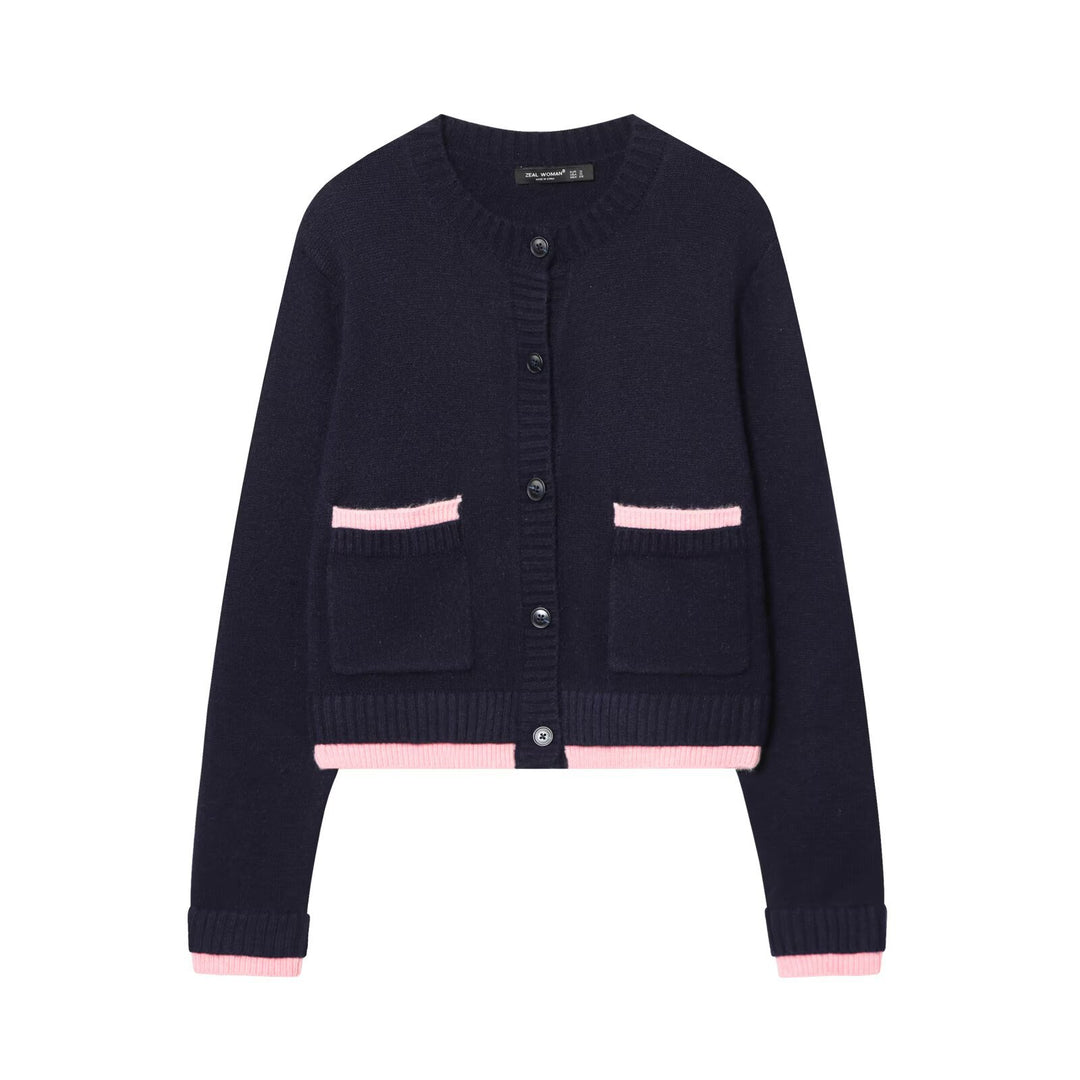 Damen Kurzer Boxy-Strickcardigan mit aufgesetzten Taschen und kontrastierenden Bündchen Drune