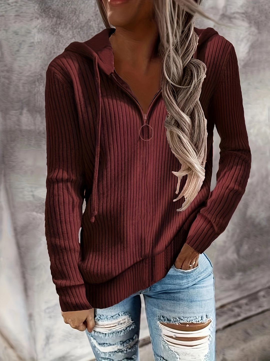 Damen Kapuzenpullover im eleganten Rippdesign mit praktischem Reißverschluss Drune