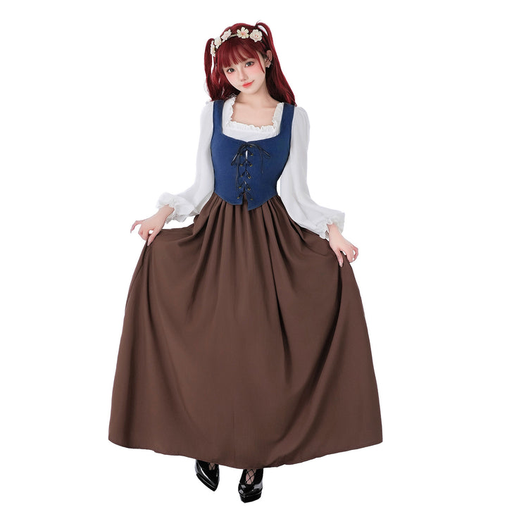 Damen nan mittelalterliches Dirndlkleid mit Schnürmieder, weiten Rüschenärmeln und bodenlangem Rock Drune