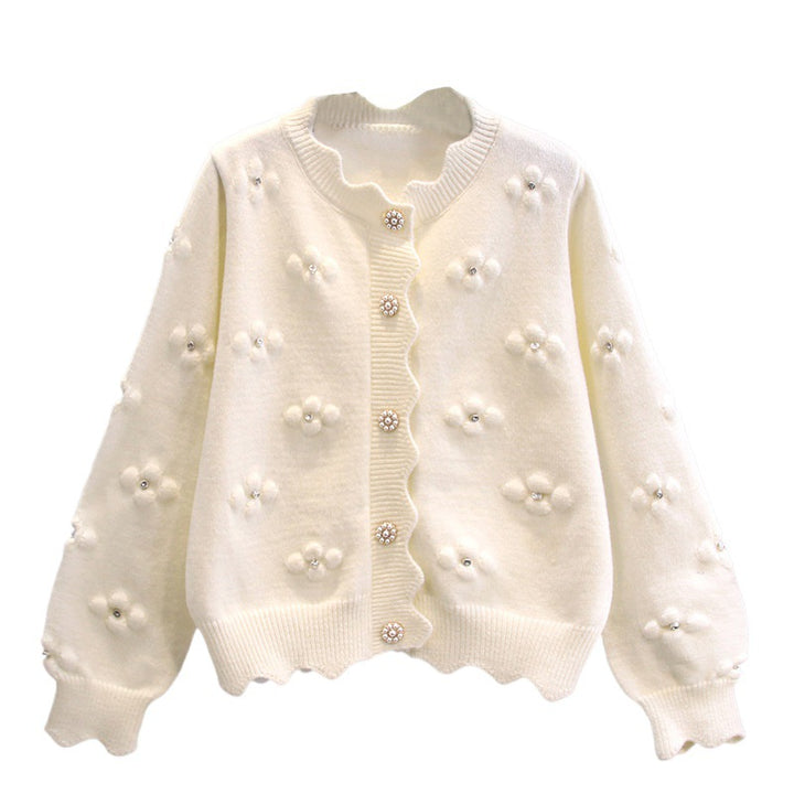 Damen Lockere Strickjacke mit floralen Applikationen und Perlenknöpfen Drune