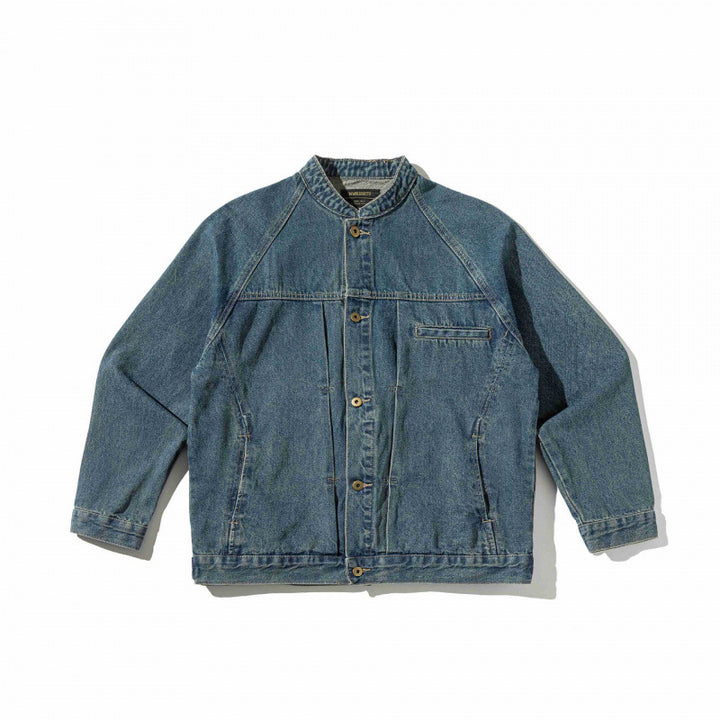 Unisex Boxige Denim‑Hemdjacke im Worker‑Look mit Stehkragen, Raglanärmeln und Brust‑Welttasche Drune