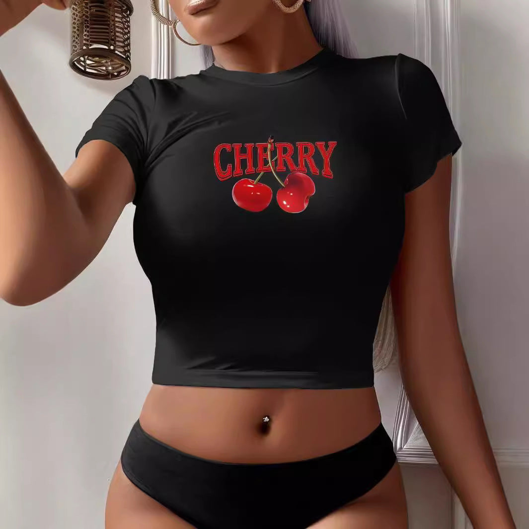 Damen Crop-T-Shirt mit kreativem Cocktail-Design Drune