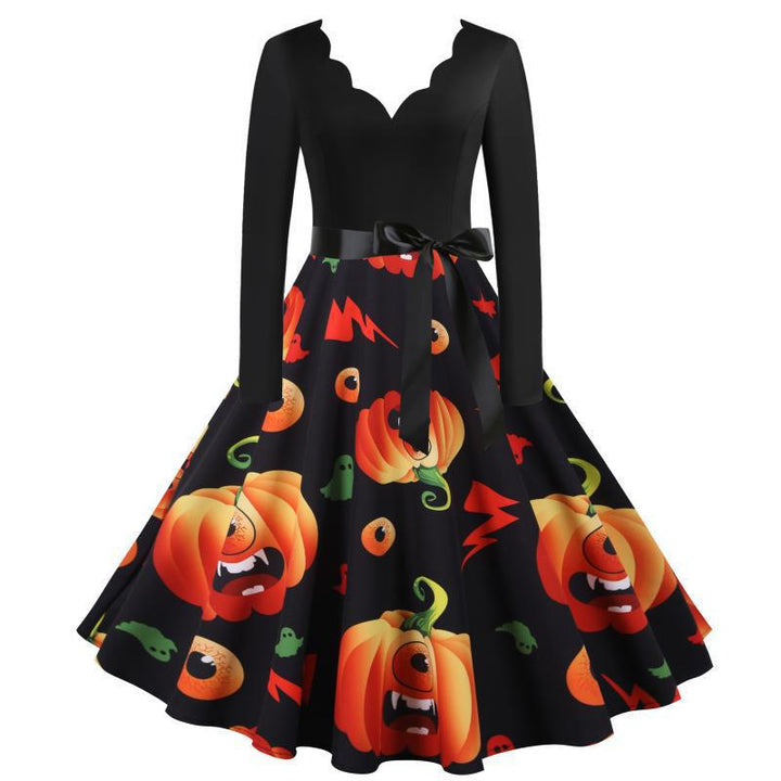Damen Vintage Swing Kleid mit Halloween-Kürbis-Print und Taillengürtel Drune