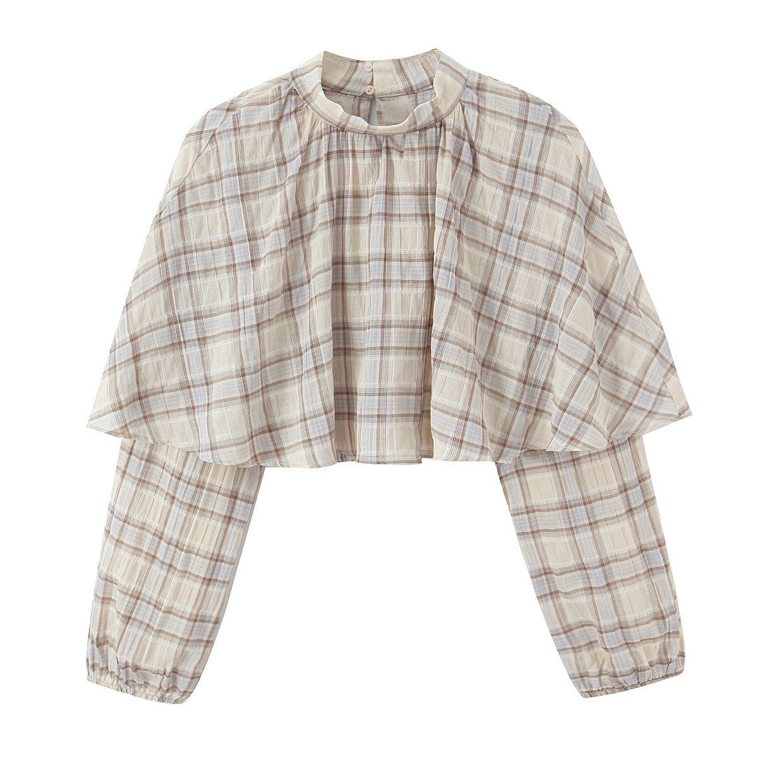 Damen Cropped Blusenoberteil mit Cape-Überwurf und Stehkragen Drune