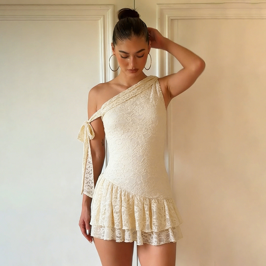 Damen elegantes Spitzenkleid mit asymmetrischem Ausschnitt und Rüschen Drune