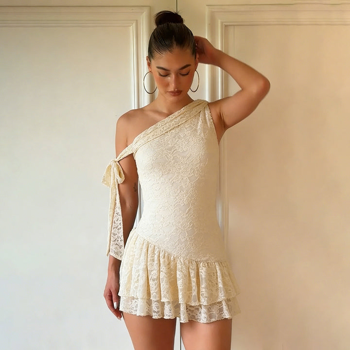 Damen elegantes Spitzenkleid mit asymmetrischem Ausschnitt und Rüschen Drune