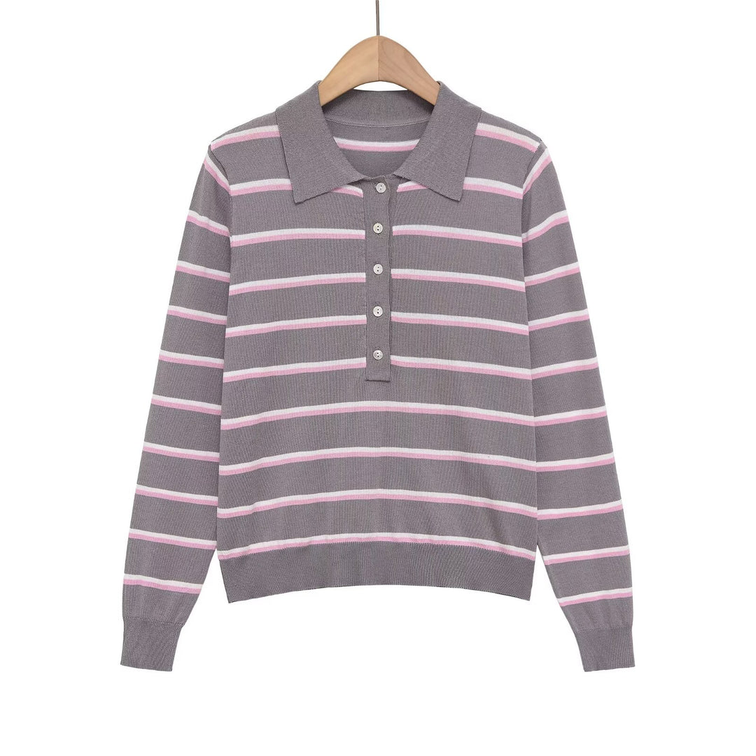 Damen Gestreifter Feinstrick-Polo-Pullover mit Knopfleiste und Rippbündchen Drune
