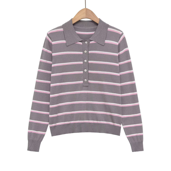 Damen Gestreifter Feinstrick-Polo-Pullover mit Knopfleiste und Rippbündchen Drune