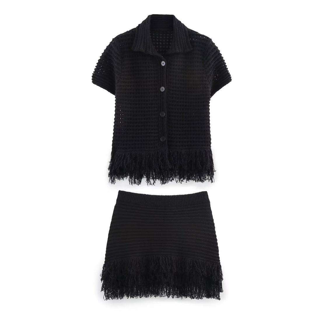 Damen Kurzarm-Strickjacke mit fransigem Saum und dekorativen Knöpfen Drune
