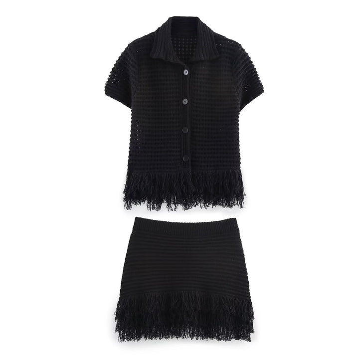 Damen Kurzarm-Strickjacke mit fransigem Saum und dekorativen Knöpfen Drune