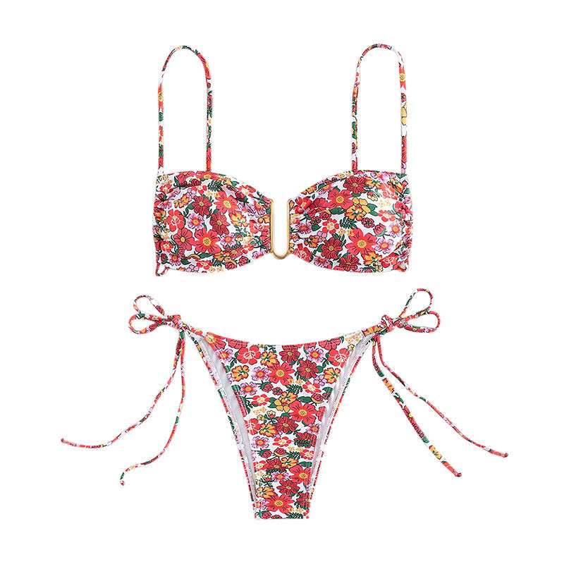 Damen blumenmusterter Bikini mit hellem Bustier-Oberteil und verstellbaren Trägern Drune
