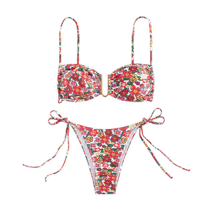 Damen blumenmusterter Bikini mit hellem Bustier-Oberteil und verstellbaren Trägern Drune
