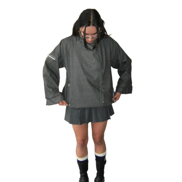 Damen Oversize-Boxy-Jacke mit asymmetrischem Druckknopfverschluss und Ärmeltasche Drune