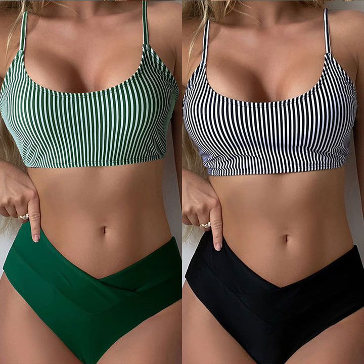 Damen Bikini-Set mit gestreiftem Oberteil und hohem Taillenslip Drune