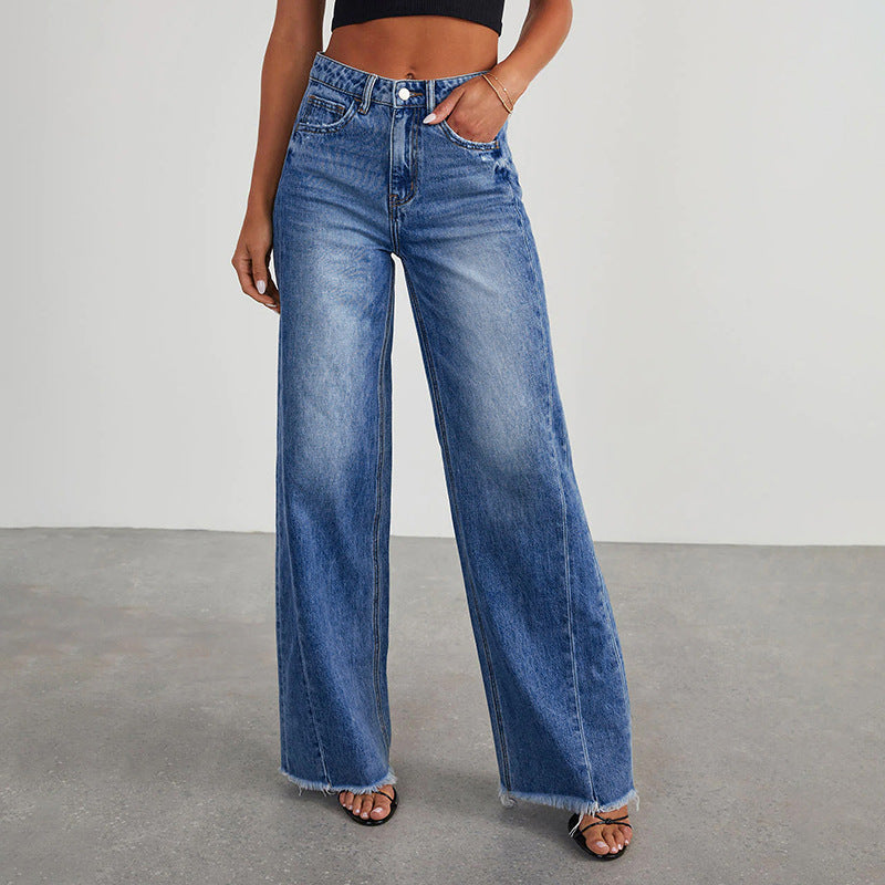 Damen High-Waist Schlagjeans mit weitem Bein und ausgefranstem Saum Drune