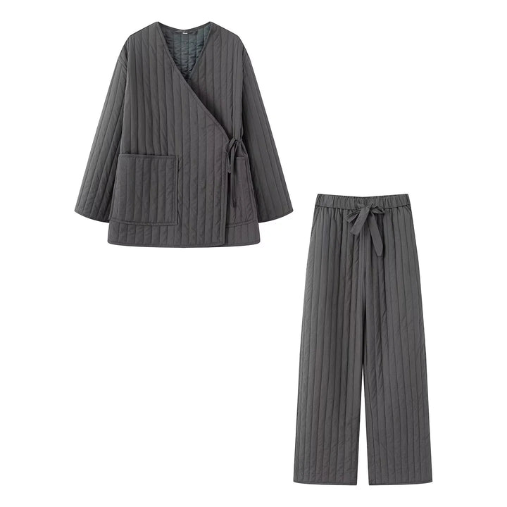 Damen nan gesteppter Kimono-Wickel-Loungewear-Set mit weiter Bundhose Drune