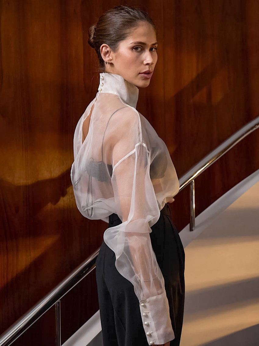 Damen Transparente Chiffonbluse mit hohem Kragen und eleganten Puffärmeln Drune