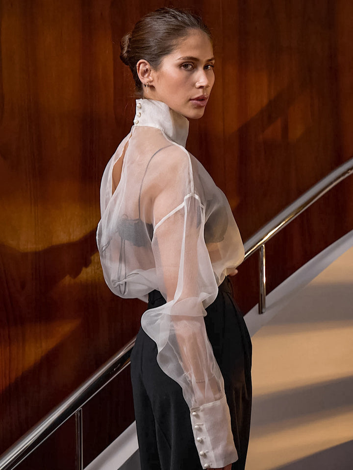 Damen Transparente Chiffonbluse mit hohem Kragen und eleganten Puffärmeln Drune