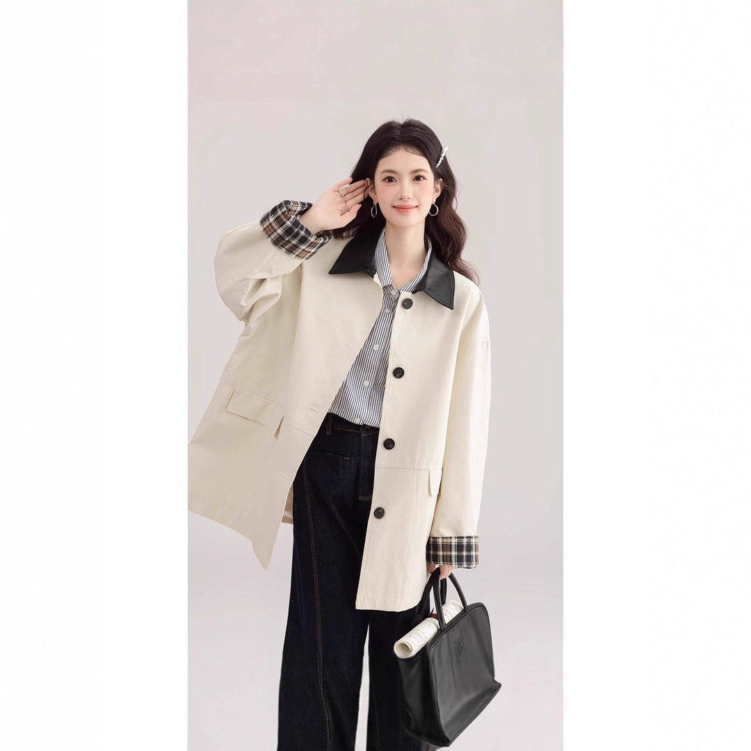 Damen Oversized Trenchcoat mit Kontrastkragen und Karo-Futter Drune