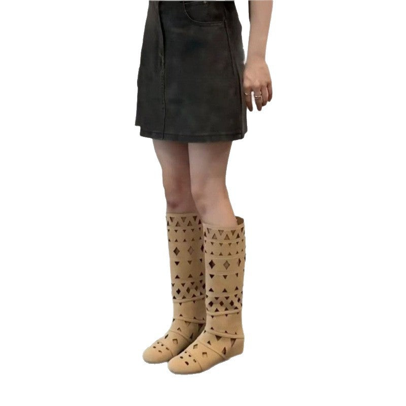 Damen Kniehohe Cut-Out Stiefel im Gladiator-Stil aus Velourslederoptik mit flacher Sohle Drune