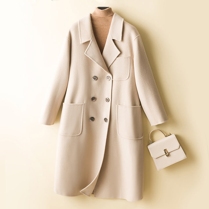Damen Oversized Doppelreiher Wollmix‑Mantel mit aufgesetzten Taschen Drune