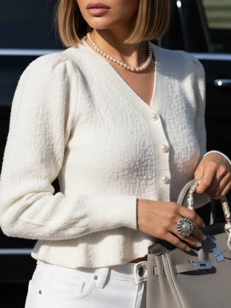 Damen Eleganter Strickcardigan mit Perlenknöpfen Drune