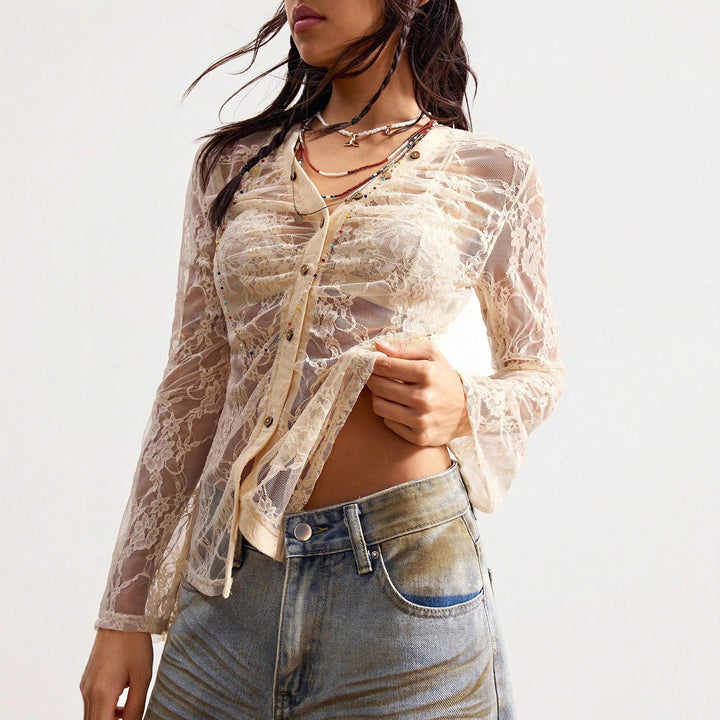 Damen nan zarte Spitzen-Cardigan mit taillierter Silhouette und Knopfleiste Drune