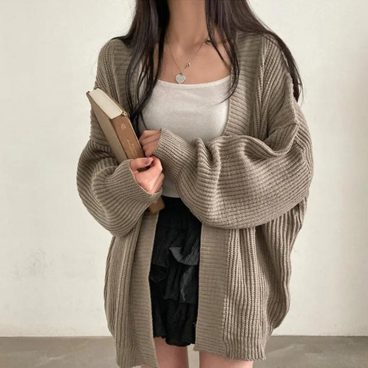 Damen kuschelige Strickjacke mit oversized Ärmeln und feiner Rippstruktur Drune