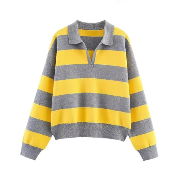 Damen nan oversized Rugby-Pullover mit Polokragen, V-Ausschnitt und breiten Streifen Drune