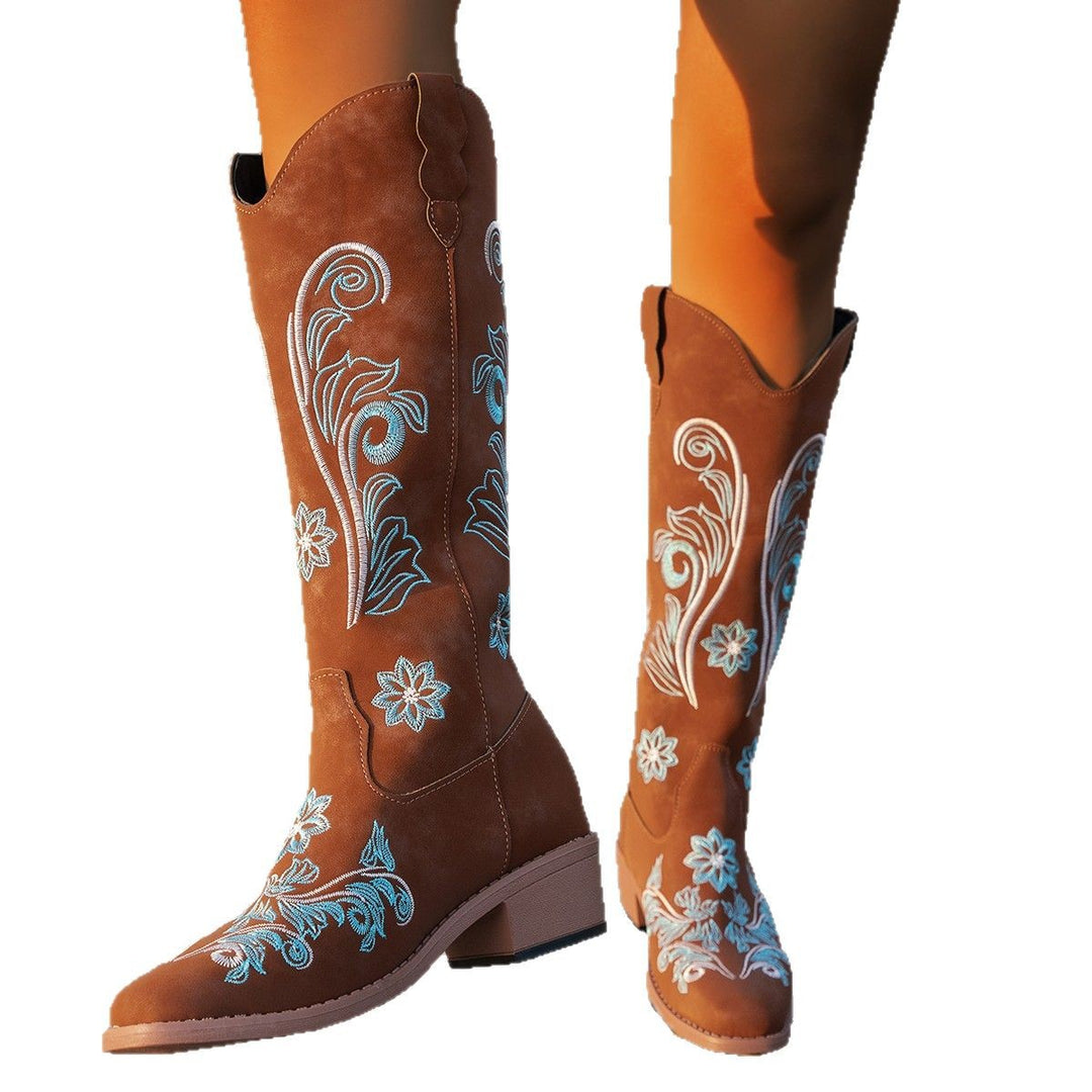 Damen Cowboy-Stiefel mit floralem Stickdesign und bequemem Blockabsatz Drune