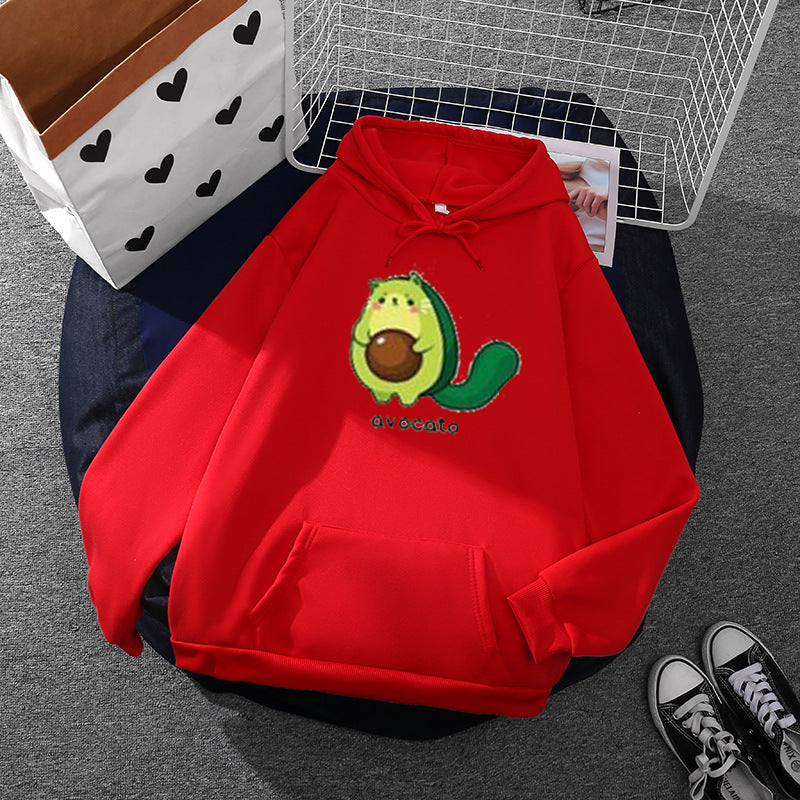 Damen nan Oversize-Fleecehoodie mit weichem Innenfutter, Kängurutasche und Avocato-Cartoonmotiv Drune