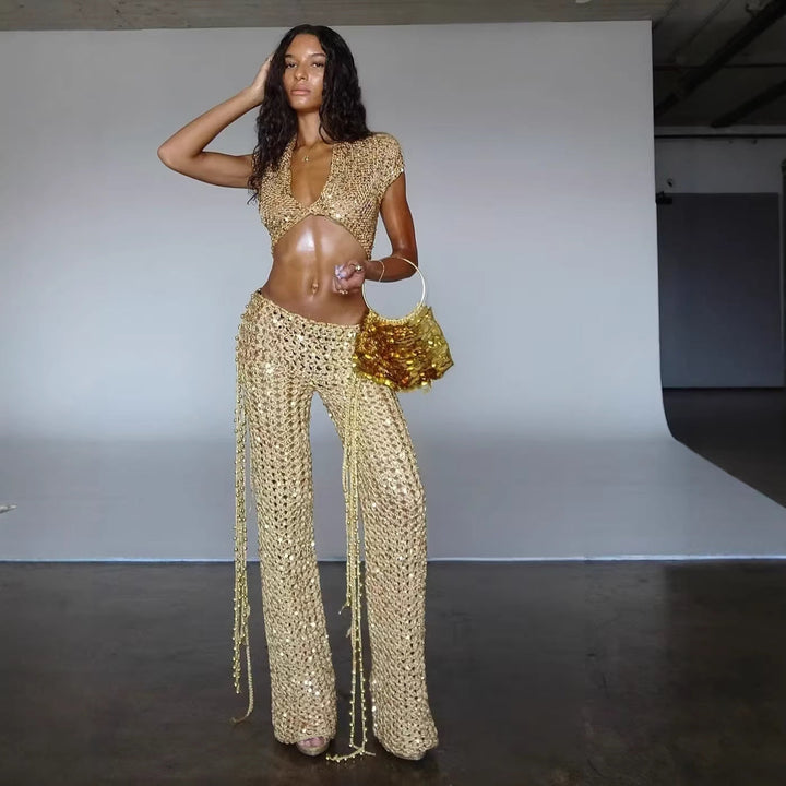Damen Glitzerndes Festival-Outfit mit kurzem Rock und Bandeau-Oberteil Drune
