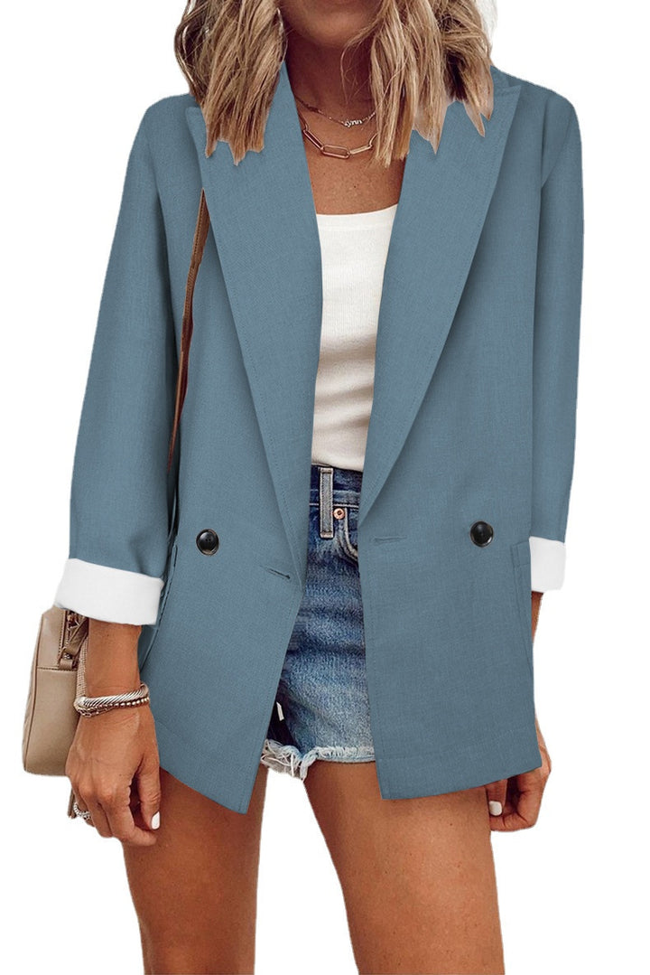 Damen Oversize Longline-Blazer mit 3/4-Ärmeln, Kontrastumschlag und aufgesetzten Taschen Drune