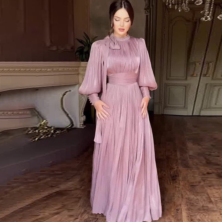 Damen Elegantes Chiffon-Maxikleid mit tailliertem Wickelbund, Stehkragen und langen Puffärmeln Drune