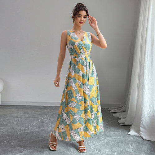 Damen Maxi-Kleid mit V-Ausschnitt und geometrischem Muster Drune