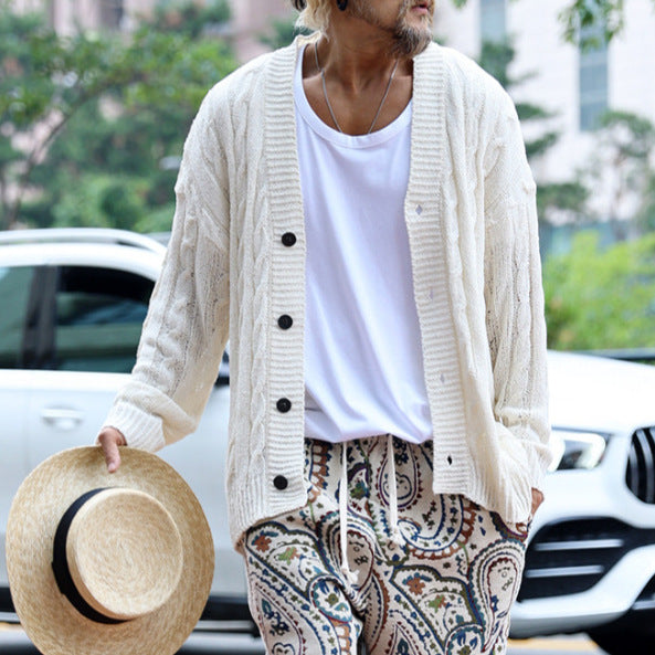 Herren Grobstrick-Cardigan mit Zopfmuster und Knopfleiste Drune