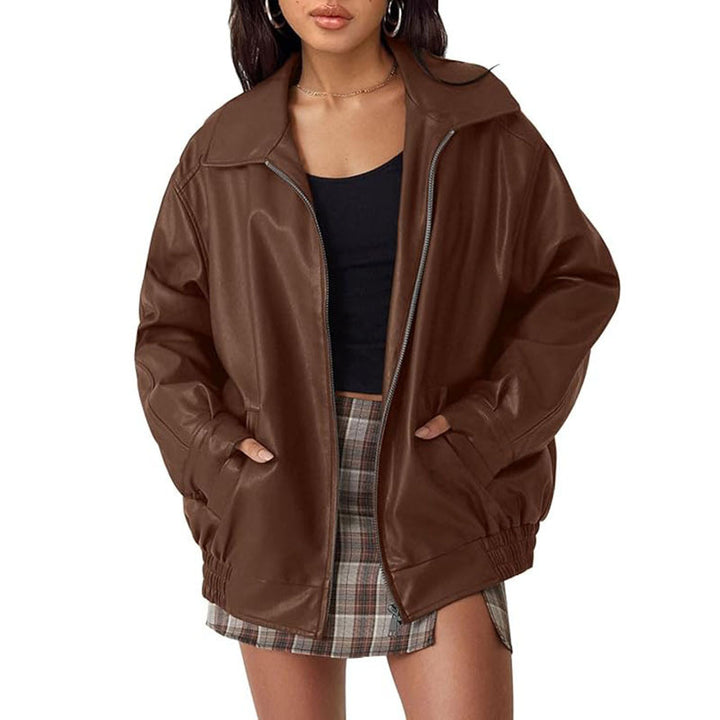 Damen Oversize Kunstleder Blouson mit Reißverschluss und elastischem Saum Drune