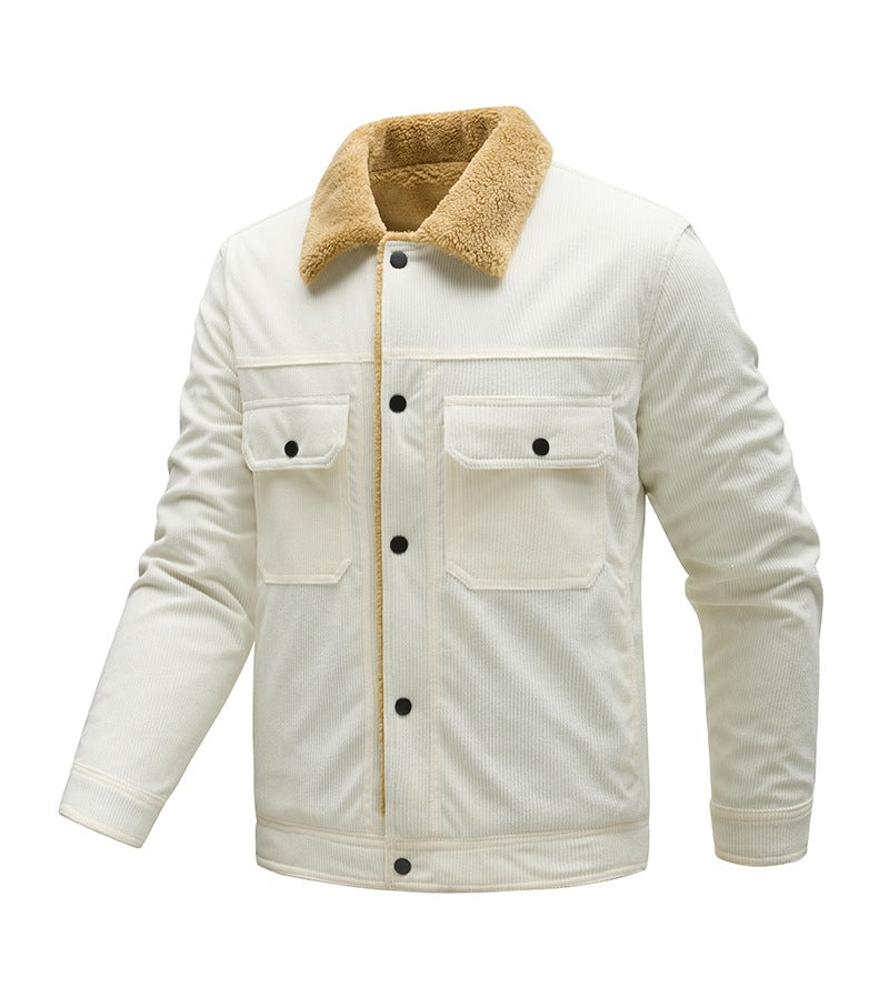 Herren Kordjacke mit Teddyfutter, Kunstfellkragen und Druckknopftaschen Drune
