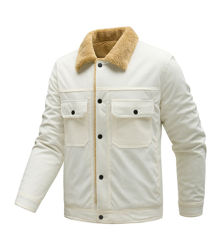 Herren Kordjacke mit Teddyfutter, Kunstfellkragen und Druckknopftaschen Drune