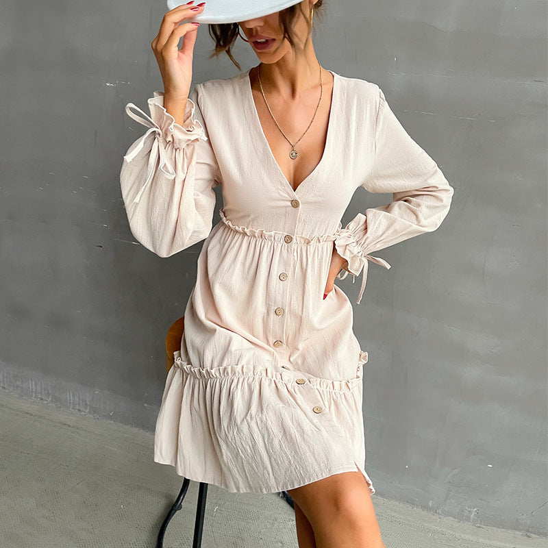 Damen Button-Midikleid mit V-Ausschnitt, Rüschen-Taille und Bindärmeln Drune