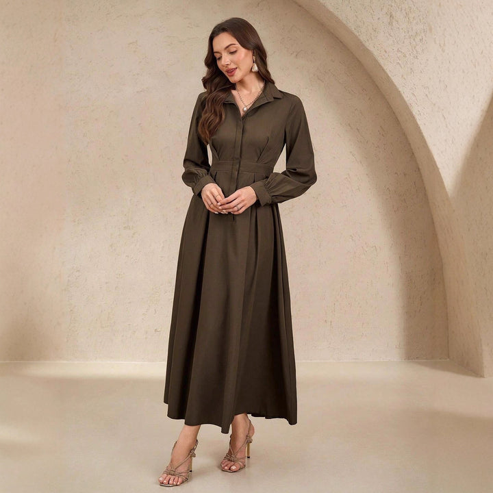 Damen Elegantes Hemdblusenkleid mit schwingendem Rock und praktischen Taschen Drune