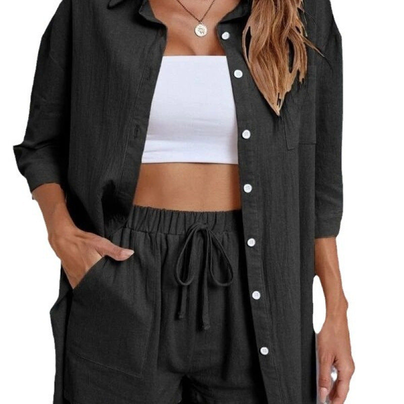 Damen Komfortables Kurzarm-Hemd und Hose Set Drune