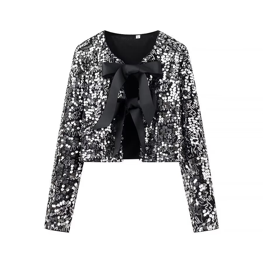 Damen nan glitzernde Cropped-Bolerojacke mit Paillettenbesatz und dekorativen Satinschleifen Drune