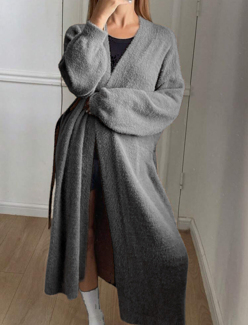 Damen Langer Wickel-Cardigan in Flausch-Optik mit Bindegürtel Drune