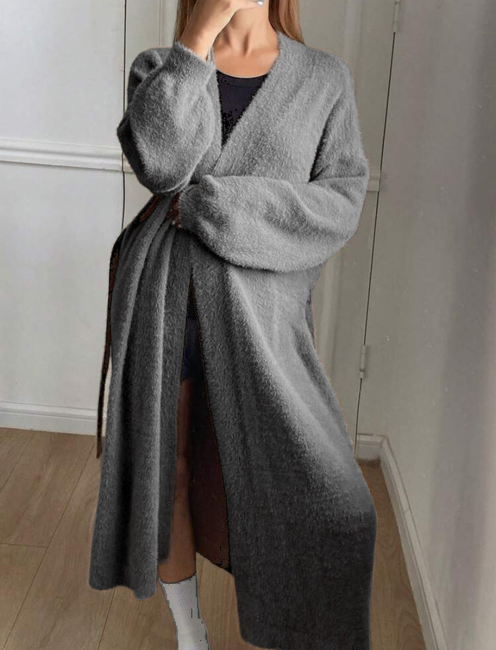 Damen Langer Wickel-Cardigan in Flausch-Optik mit Bindegürtel Drune